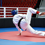 **Taekwondo tournament, intense fight, electronic scoring system, World Taekwondo (WT) style.** (This prompt focuses on the competitive aspect and the modern WT style tournaments.)