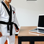 **

A person balancing a Taekwondo dobok (uniform) on one hand and a laptop/briefcase on the other, symbolizing the balance between Taekwondo and work/life. Background: A modern, minimalist apartment. Focus: Achieving balance and prioritizing Taekwondo.

**