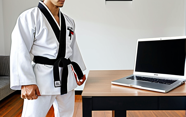 **

A person balancing a Taekwondo dobok (uniform) on one hand and a laptop/briefcase on the other, symbolizing the balance between Taekwondo and work/life. Background: A modern, minimalist apartment. Focus: Achieving balance and prioritizing Taekwondo.

**