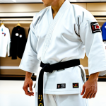 A professional adult male Taekwondo practitioner, in a clean, crisp, white Taekwondo dobok, standing in a brightly lit modern sports apparel store. He is performing a gentle stretch, checking the fit and range of motion of the modest dobok, which is made from a lightweight, high-quality cotton-polyester blend. The background shows blurred racks of professional sports uniforms. The scene emphasizes the crucial importance of accurate measurements and a perfect, comfortable fit for optimal athletic performance. fully clothed, appropriate attire, safe for work, professional, perfect anatomy, correct proportions, natural pose, well-formed hands, proper finger count, natural body proportions, professional photography, high quality, studio lighting, family-friendly.