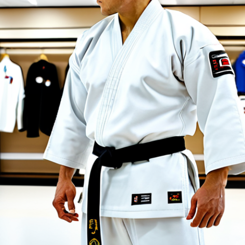 A professional adult male Taekwondo practitioner, in a clean, crisp, white Taekwondo dobok, standing in a brightly lit modern sports apparel store. He is performing a gentle stretch, checking the fit and range of motion of the modest dobok, which is made from a lightweight, high-quality cotton-polyester blend. The background shows blurred racks of professional sports uniforms. The scene emphasizes the crucial importance of accurate measurements and a perfect, comfortable fit for optimal athletic performance. fully clothed, appropriate attire, safe for work, professional, perfect anatomy, correct proportions, natural pose, well-formed hands, proper finger count, natural body proportions, professional photography, high quality, studio lighting, family-friendly.