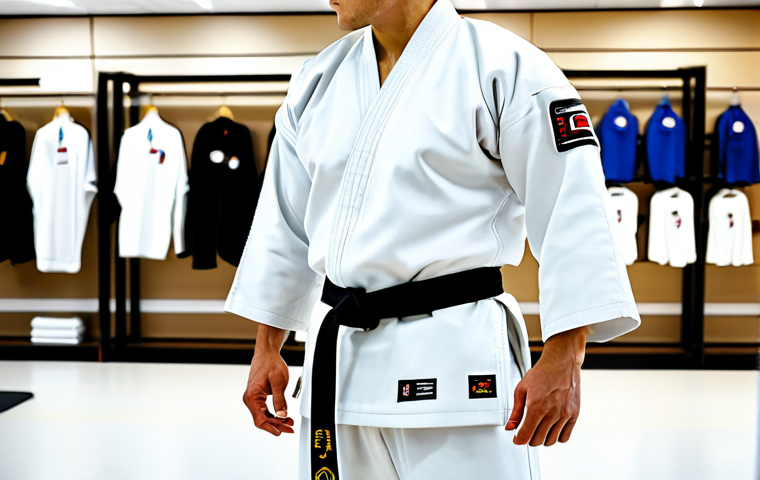 A professional adult male Taekwondo practitioner, in a clean, crisp, white Taekwondo dobok, standing in a brightly lit modern sports apparel store. He is performing a gentle stretch, checking the fit and range of motion of the modest dobok, which is made from a lightweight, high-quality cotton-polyester blend. The background shows blurred racks of professional sports uniforms. The scene emphasizes the crucial importance of accurate measurements and a perfect, comfortable fit for optimal athletic performance. fully clothed, appropriate attire, safe for work, professional, perfect anatomy, correct proportions, natural pose, well-formed hands, proper finger count, natural body proportions, professional photography, high quality, studio lighting, family-friendly.