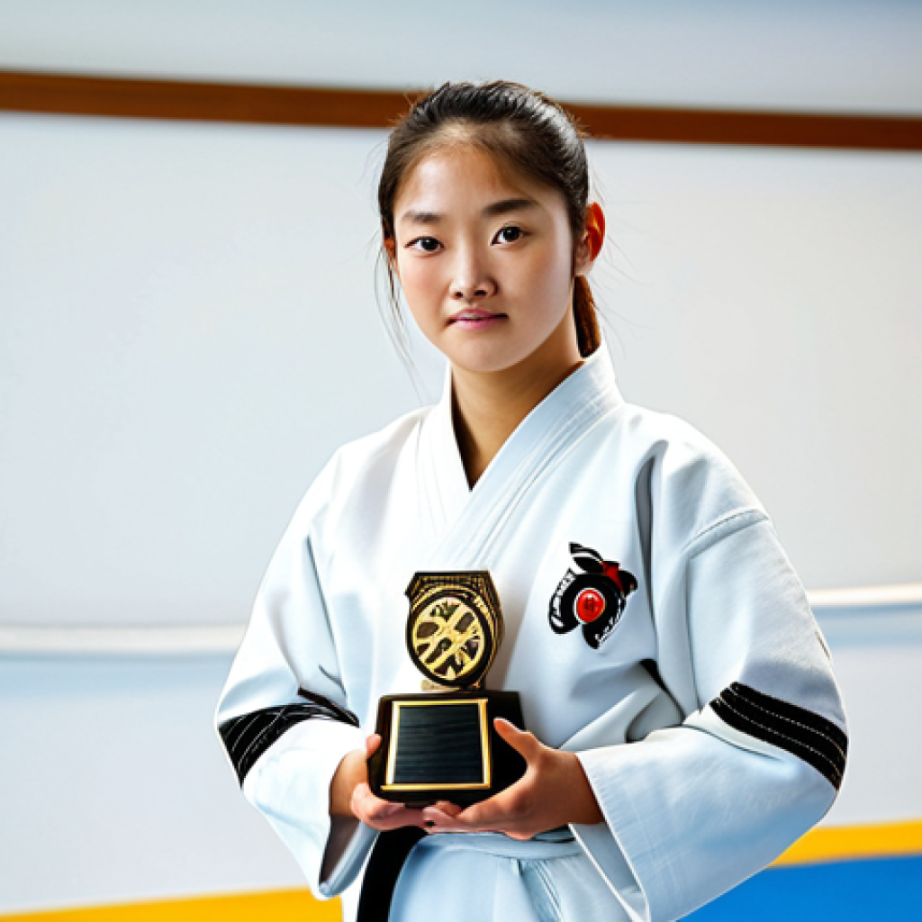 A proud young adult female Taekwondo athlete, dressed in a pristine white Dobok, stands respectfully in a modern, well-lit Taekwondo Dojang. She holds a uniquely designed, custom Taekwondo trophy made of brushed aluminum, featuring abstract shapes that subtly represent a dynamic Taekwondo kick and a laser-engraved Dojang emblem. Her expression is one of deep satisfaction and quiet pride. The background shows soft-focused training mats and a minimalist wall. fully clothed, appropriate attire, modest clothing, safe for work, professional, family-friendly, perfect anatomy, correct proportions, natural pose, well-formed hands, proper finger count, natural body proportions, high-quality professional photography, studio lighting.