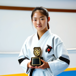 A proud young adult female Taekwondo athlete, dressed in a pristine white Dobok, stands respectfully in a modern, well-lit Taekwondo Dojang. She holds a uniquely designed, custom Taekwondo trophy made of brushed aluminum, featuring abstract shapes that subtly represent a dynamic Taekwondo kick and a laser-engraved Dojang emblem. Her expression is one of deep satisfaction and quiet pride. The background shows soft-focused training mats and a minimalist wall. fully clothed, appropriate attire, modest clothing, safe for work, professional, family-friendly, perfect anatomy, correct proportions, natural pose, well-formed hands, proper finger count, natural body proportions, high-quality professional photography, studio lighting.