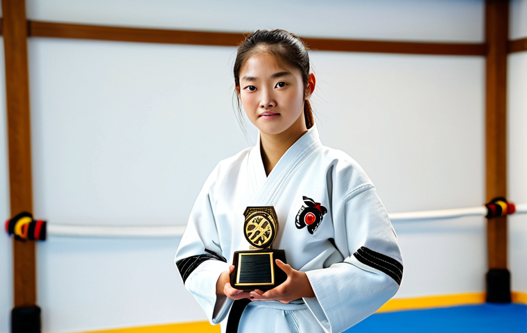 A proud young adult female Taekwondo athlete, dressed in a pristine white Dobok, stands respectfully in a modern, well-lit Taekwondo Dojang. She holds a uniquely designed, custom Taekwondo trophy made of brushed aluminum, featuring abstract shapes that subtly represent a dynamic Taekwondo kick and a laser-engraved Dojang emblem. Her expression is one of deep satisfaction and quiet pride. The background shows soft-focused training mats and a minimalist wall. fully clothed, appropriate attire, modest clothing, safe for work, professional, family-friendly, perfect anatomy, correct proportions, natural pose, well-formed hands, proper finger count, natural body proportions, high-quality professional photography, studio lighting.