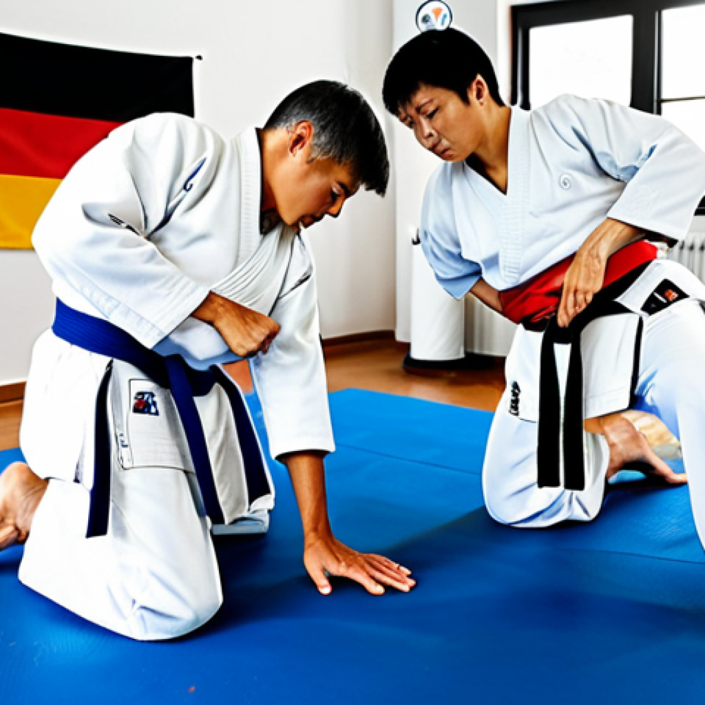 **

A respectful Taekwondo dojang scene. Students in clean, white doboks are bowing to their instructor. The dojang is well-lit with mats on the floor. A German flag is discreetly displayed. Depict perfect anatomy, correct proportions, natural poses, and well-formed hands. Safe for work, appropriate content, fully clothed, professional, and family-friendly.

**