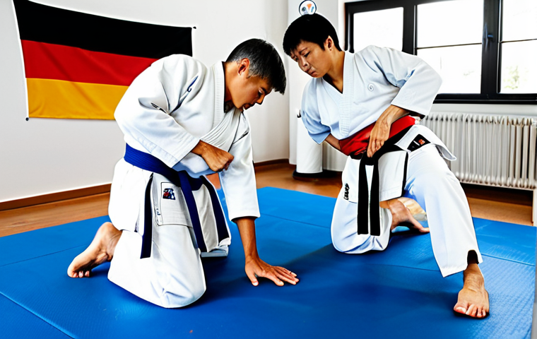 **

A respectful Taekwondo dojang scene. Students in clean, white doboks are bowing to their instructor. The dojang is well-lit with mats on the floor. A German flag is discreetly displayed. Depict perfect anatomy, correct proportions, natural poses, and well-formed hands. Safe for work, appropriate content, fully clothed, professional, and family-friendly.

**