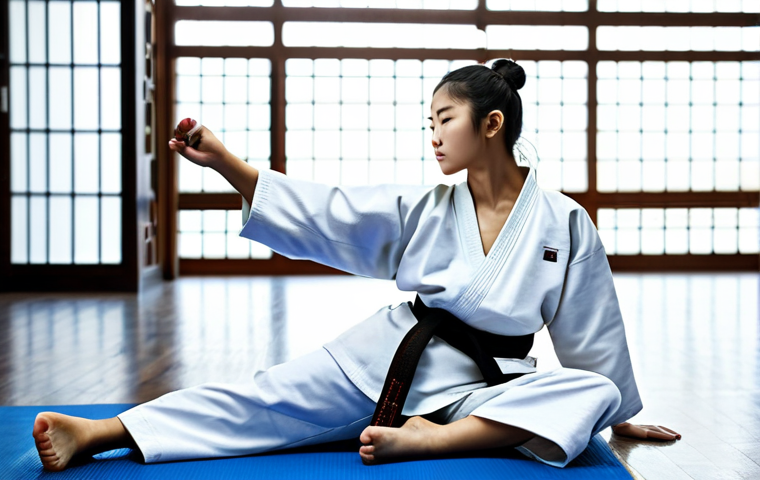 **

A Taekwondo athlete, fully clothed in a dobok, dynamically stretching their legs before training in a bright, modern gym. Focus on flexibility and preparation. Safe for work, appropriate content, professional image, perfect anatomy, natural pose, modest attire.

**