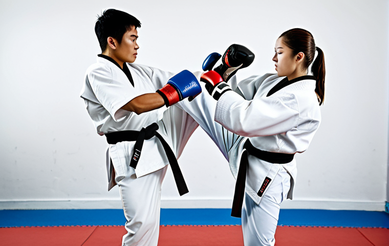 태권도 심사 준비 가이드 - **Prompt:** A determined Taekwondo student in a crisp, white Dobok, practicing Poomsae in a sunlit d...