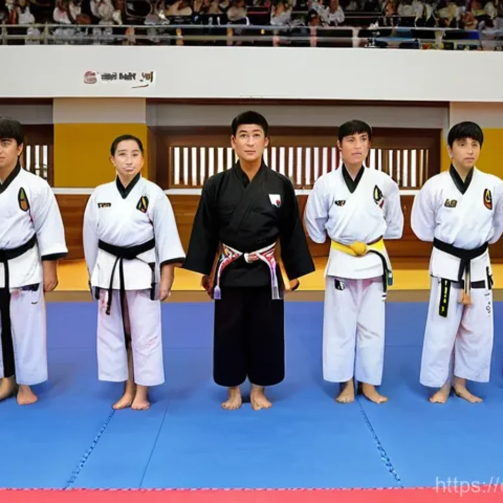 태권도 발전을 위한 제언 - **Prompt:** A diverse group of Taekwondo practitioners, ranging from young children wearing white do...