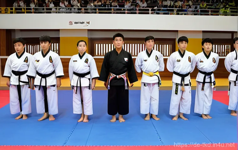 태권도 발전을 위한 제언 - **Prompt:** A diverse group of Taekwondo practitioners, ranging from young children wearing white do...