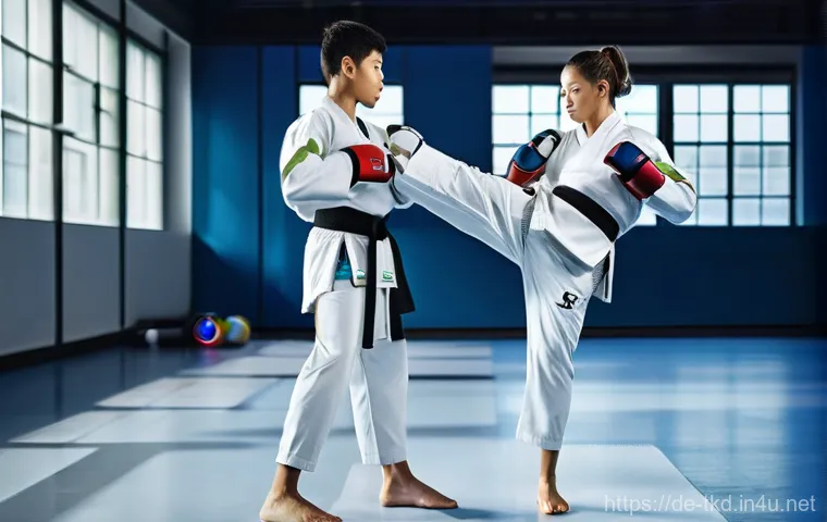 태권도 발전을 위한 제언 - **Prompt:** A diverse group of Taekwondo practitioners, ranging from young children wearing white do...