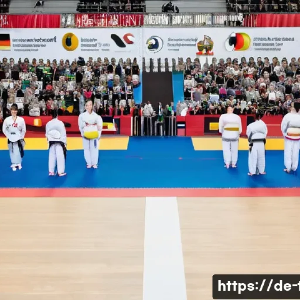 태권도 관련 법규와 정책 - A detailed scene of a German Taekwondo competition inside a modern gymnasium, showcasing male and fe...