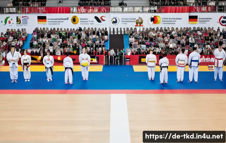 태권도 관련 법규와 정책 - A detailed scene of a German Taekwondo competition inside a modern gymnasium, showcasing male and fe...