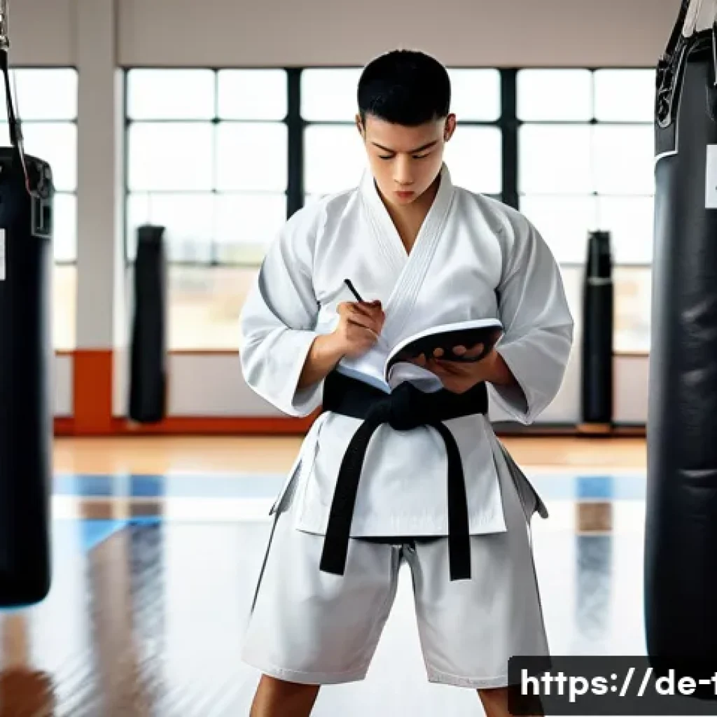 태권도 훈련 기록법 - A focused Taekwondo athlete in a modern gym setting, wearing a clean white dobok with a black belt, ...