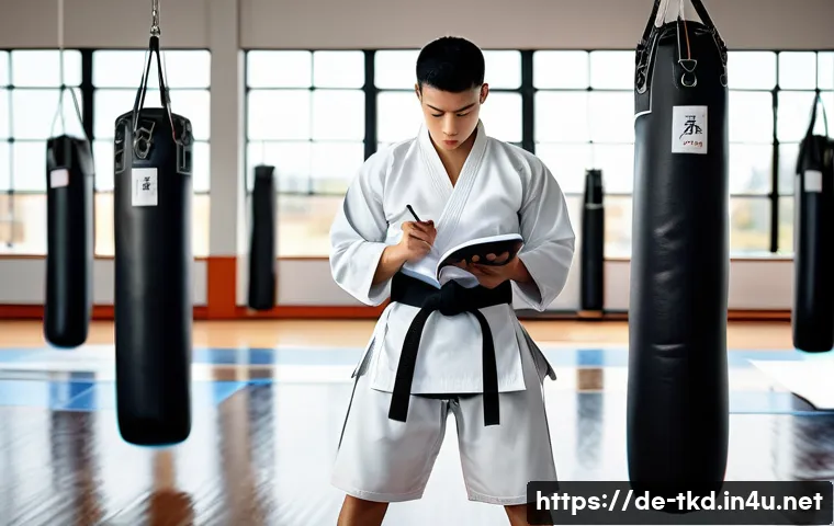 태권도 훈련 기록법 - A focused Taekwondo athlete in a modern gym setting, wearing a clean white dobok with a black belt, ...