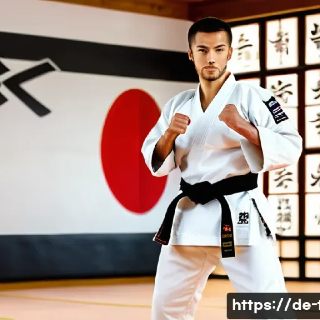 태권도 단증 발급 절차 - A focused Taekwondo practitioner in a well-lit German dojo, wearing a clean white dobok with a black...