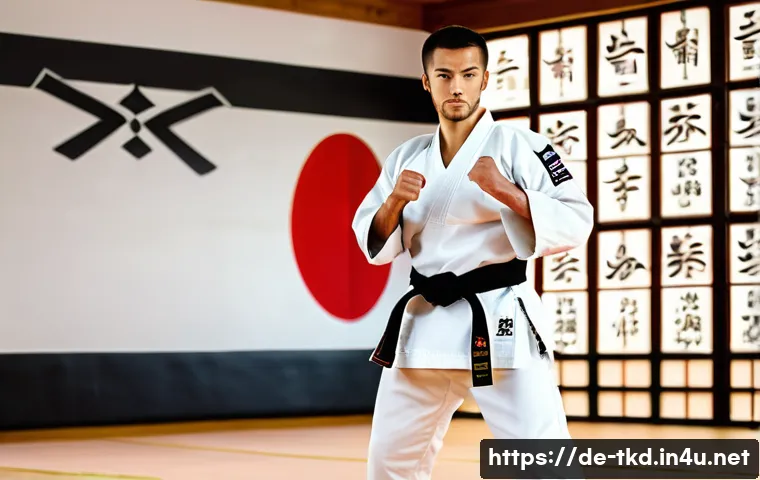 태권도 단증 발급 절차 - A focused Taekwondo practitioner in a well-lit German dojo, wearing a clean white dobok with a black...