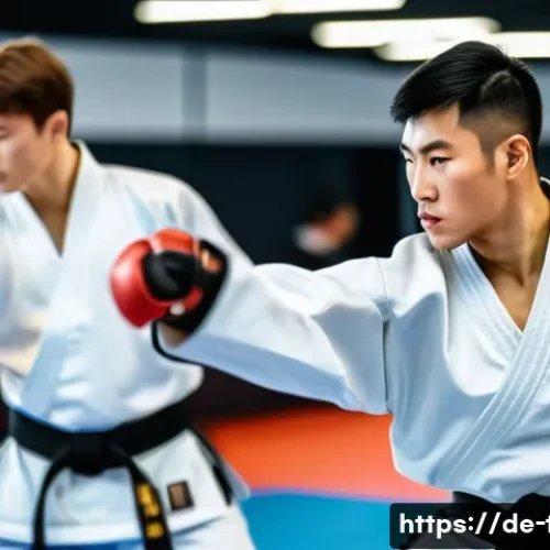 Home 33 태권도 훈련 계획 작성법 - A focused Taekwondo training session in a modern gym in Germany, featuring an adult male athlete wea...