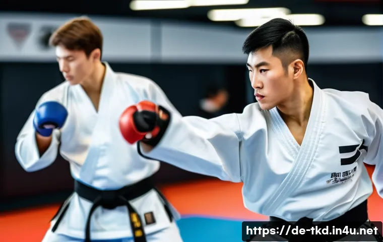 태권도 훈련 계획 작성법 - A focused Taekwondo training session in a modern gym in Germany, featuring an adult male athlete wea...