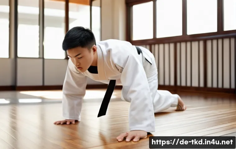 태권도 체력 테스트 방법 - A focused young adult male Taekwondo athlete wearing a clean white dobok with a black belt, performi...