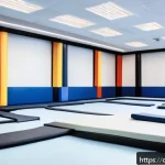 Home 18 태권도 도장 인테리어 트렌드 - A spacious, modern Taekwondo dojo interior with wide open training zones clearly separated for warm-...