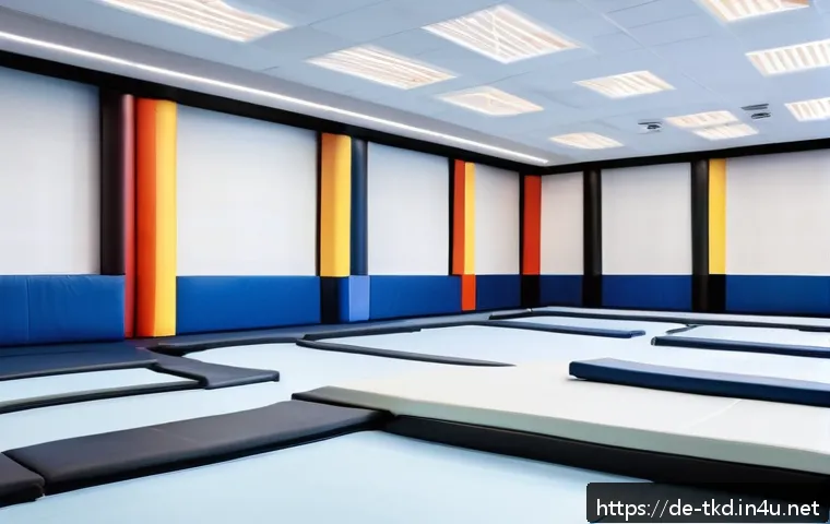 태권도 도장 인테리어 트렌드 - A spacious, modern Taekwondo dojo interior with wide open training zones clearly separated for warm-...