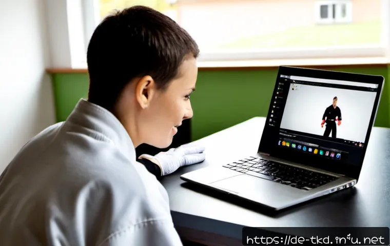 태권도 온라인 커뮤니티 추천 - Photorealistic modern home workspace in Germany, friendly adult martial arts enthusiast browsing an ...