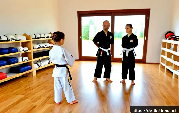 Home 13 태권도 학원 추천 방법 - Photorealistic scene inside a clean, welcoming martial arts school in Germany, a parent and child ob...