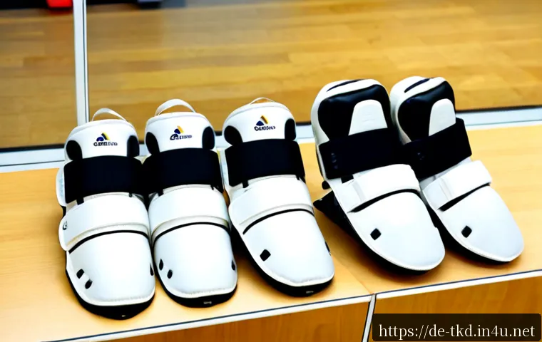 태권도 발 보호대 구매 가이드 - Photorealistic product comparison scene for a taekwondo foot protector buying guide, three pairs of ...