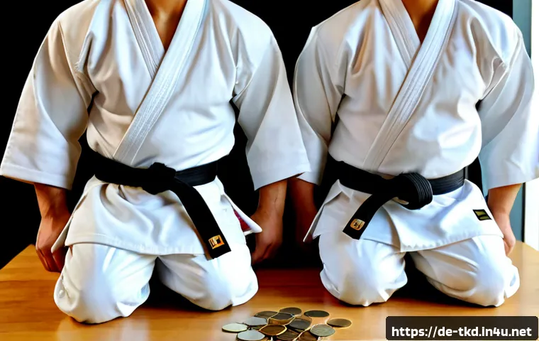 태권도 도복 가격 비교 - Photorealistic comparison scene of three neatly folded white martial arts uniforms with different fa...